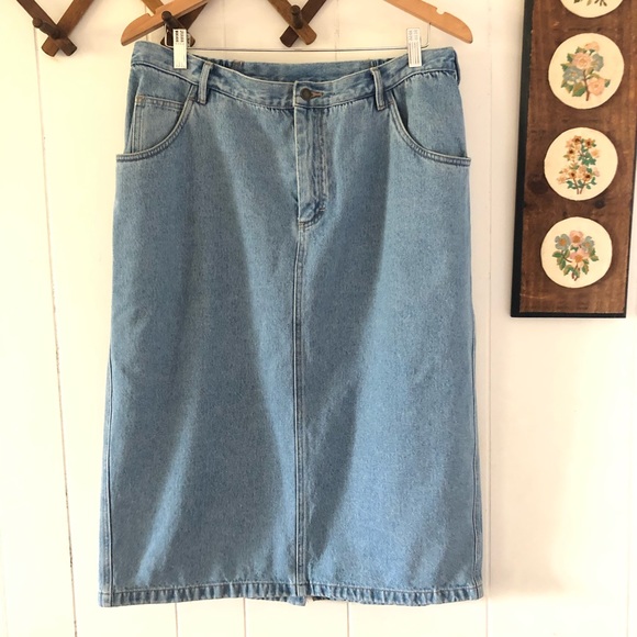 light wash denim midi skirt